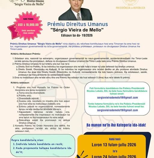 Aberta 19.ª edição do Prémio de Direitos Humanos ‘Sérgio Vieira de Mello’